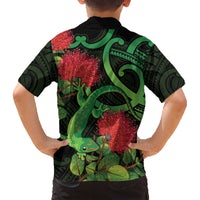 New Zealand Gecko Family Matching Short Sleeve Bodycon Dress and Hawaiian Shirt Aotearoa Maori With Pohutukawa Flowers