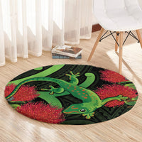 New Zealand Gecko Round Carpet Aotearoa Maori With Pohutukawa Flowers LT14 - Polynesian Pride