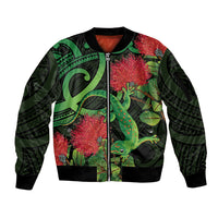 New Zealand Gecko Sleeve Zip Bomber Jacket Aotearoa Maori With Pohutukawa Flowers