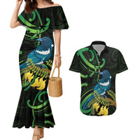 New Zealand Tui Bird Couples Matching Mermaid Dress and Hawaiian Shirt Aotearoa Maori With Kowhai Flowers LT14 Black - Polynesian Pride