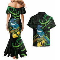 New Zealand Tui Bird Couples Matching Mermaid Dress and Hawaiian Shirt Aotearoa Maori With Kowhai Flowers LT14 - Polynesian Pride