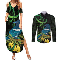 New Zealand Tui Bird Couples Matching Summer Maxi Dress and Long Sleeve Button Shirt Aotearoa Maori With Kowhai Flowers