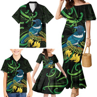 New Zealand Tui Bird Family Matching Mermaid Dress and Hawaiian Shirt Aotearoa Maori With Kowhai Flowers
