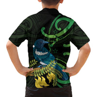 New Zealand Tui Bird Family Matching Tank Maxi Dress and Hawaiian Shirt Aotearoa Maori With Kowhai Flowers