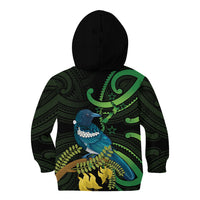 New Zealand Tui Bird Kid Hoodie Aotearoa Maori With Kowhai Flowers