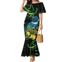 New Zealand Tui Bird Mermaid Dress Aotearoa Maori With Kowhai Flowers LT14 Women Black - Polynesian Pride