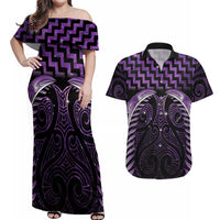 Purple Matariki New Zealand Couples Matching Off Shoulder Maxi Dress and Hawaiian Shirt Maori Poutama Galaxy Vibes