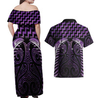 Purple Matariki New Zealand Couples Matching Off Shoulder Maxi Dress and Hawaiian Shirt Maori Poutama Galaxy Vibes