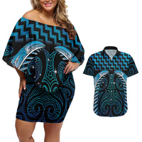 Blue Matariki New Zealand Couples Matching Off Shoulder Short Dress and Hawaiian Shirt Maori Poutama Galaxy Vibes