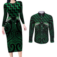 Green Matariki New Zealand Couples Matching Long Sleeve Bodycon Dress and Long Sleeve Button Shirt Maori Poutama Galaxy Vibes