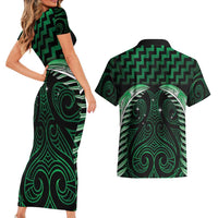 Green Matariki New Zealand Couples Matching Short Sleeve Bodycon Dress and Hawaiian Shirt Maori Poutama Galaxy Vibes