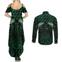 Green Matariki New Zealand Couples Matching Summer Maxi Dress and Long Sleeve Button Shirt Maori Poutama Galaxy Vibes