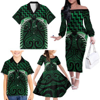 Green Matariki New Zealand Family Matching Off The Shoulder Long Sleeve Dress and Hawaiian Shirt Maori Poutama Galaxy Vibes