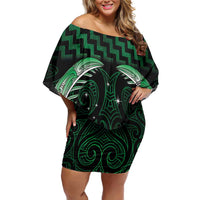 Green Matariki New Zealand Family Matching Off Shoulder Short Dress and Hawaiian Shirt Maori Poutama Galaxy Vibes