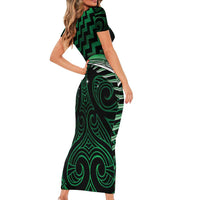 Green Matariki New Zealand Family Matching Short Sleeve Bodycon Dress and Hawaiian Shirt Maori Poutama Galaxy Vibes