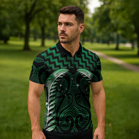 Green Matariki New Zealand Zipper Polo Shirt Maori Poutama Galaxy Vibes - Polynesian Pride