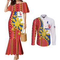 Philippines Independence Day Couples Matching Mermaid Dress and Long Sleeve Button Shirt Pilipinas Sun Stars Igorot Pattern