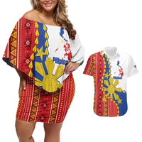Philippines Independence Day Couples Matching Off Shoulder Short Dress and Hawaiian Shirt Pilipinas Sun Stars Igorot Pattern
