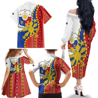 Philippines Independence Day Family Matching Off The Shoulder Long Sleeve Dress and Hawaiian Shirt Pilipinas Sun Stars Igorot Pattern
