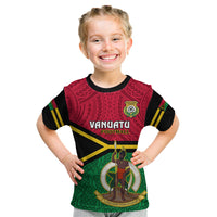 Personalised Vanuatu Football Kid T Shirt Vanuatuan Coat Of Arm Polynesian Flag Style LT14 Red - Polynesian Pride