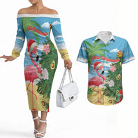 Flamingo Hawaii Summer Christmas Personalized Couples Matching Off The Shoulder Long Sleeve Dress and Hawaiian Shirt Mele Kalikimaka Beachy Vibes LT14 Blue - Polynesian Pride