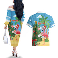 Flamingo Hawaii Summer Christmas Personalized Couples Matching Off The Shoulder Long Sleeve Dress and Hawaiian Shirt Mele Kalikimaka Beachy Vibes