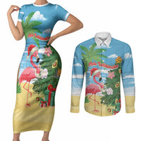 Flamingo Hawaii Summer Christmas Personalized Couples Matching Short Sleeve Bodycon Dress and Long Sleeve Button Shirt Mele Kalikimaka Beachy Vibes LT14 Blue - Polynesian Pride