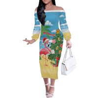 Flamingo Hawaii Summer Christmas Personalized Family Matching Off The Shoulder Long Sleeve Dress and Hawaiian Shirt Mele Kalikimaka Beachy Vibes
