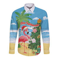 Flamingo Hawaii Summer Christmas Personalized Long Sleeve Button Shirt Mele Kalikimaka Beachy Vibes LT14 Unisex Blue - Polynesian Pride