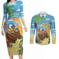 Chilling Parrot Hawaii Summer Christmas Personalized Couples Matching Long Sleeve Bodycon Dress and Long Sleeve Button Shirt It's 5 O'Clock Somewhere Beachy Vibes LT14 Blue - Polynesian Pride