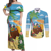 Chilling Parrot Hawaii Summer Christmas Personalized Couples Matching Off Shoulder Maxi Dress and Long Sleeve Button Shirt It's 5 O'Clock Somewhere Beachy Vibes LT14 Blue - Polynesian Pride