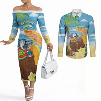 Chilling Parrot Hawaii Summer Christmas Personalized Couples Matching Off The Shoulder Long Sleeve Dress and Long Sleeve Button Shirt It's 5 O'Clock Somewhere Beachy Vibes LT14 Blue - Polynesian Pride