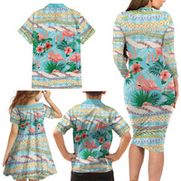Flamingo Hawaii Summer Family Matching Long Sleeve Bodycon Dress and Hawaiian Shirt Hawaiian Lei Pakala Motifs Tropical Style