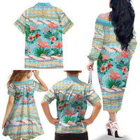 Flamingo Hawaii Summer Family Matching Off The Shoulder Long Sleeve Dress and Hawaiian Shirt Hawaiian Lei Pakala Motifs Tropical Style