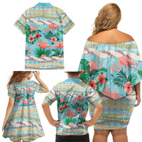 Flamingo Hawaii Summer Family Matching Off Shoulder Short Dress and Hawaiian Shirt Hawaiian Lei Pakala Motifs Tropical Style