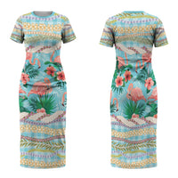 Flamingo Hawaii Summer Family Matching Short Sleeve Bodycon Dress and Hawaiian Shirt Hawaiian Lei Pakala Motifs Tropical Style LT14 Mom's Dress Cyan - Polynesian Pride