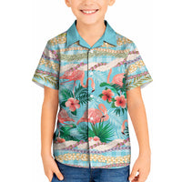 Flamingo Hawaii Summer Kid Hawaiian Shirt Hawaiian Lei Pakala Motifs Tropical Style LT14 Kid Cyan - Polynesian Pride