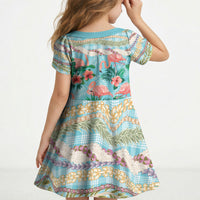 Flamingo Hawaii Summer Kid Short Sleeve Dress Hawaiian Lei Pakala Motifs Tropical Style LT14 - Polynesian Pride