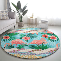 Flamingo Hawaii Summer Round Carpet Hawaiian Lei Pakala Motifs Tropical Style