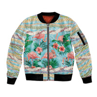 Flamingo Hawaii Summer Sleeve Zip Bomber Jacket Hawaiian Lei Pakala Motifs Tropical Style
