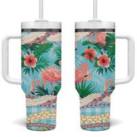 Flamingo Hawaii Summer Tumbler With Handle Hawaiian Lei Pakala Motifs Tropical Style