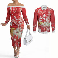 New Zealand Christmas In July Personalised Couples Matching Off The Shoulder Long Sleeve Dress and Long Sleeve Button Shirt Funny Santa Sheep Meri Kirihimete Red LT14 Red - Polynesian Pride