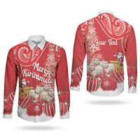 New Zealand Christmas In July Personalised Couples Matching Off The Shoulder Long Sleeve Dress and Long Sleeve Button Shirt Funny Santa Sheep Meri Kirihimete Red LT14 - Polynesian Pride