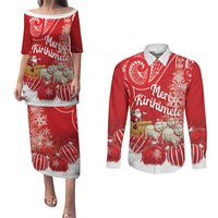 New Zealand Christmas In July Personalised Couples Matching Puletasi and Long Sleeve Button Shirt Funny Santa Sheep Meri Kirihimete Red