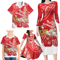 New Zealand Christmas In July Personalised Family Matching Long Sleeve Bodycon Dress and Hawaiian Shirt Funny Santa Sheep Meri Kirihimete Red
