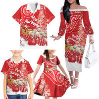 New Zealand Christmas In July Personalised Family Matching Off The Shoulder Long Sleeve Dress and Hawaiian Shirt Funny Santa Sheep Meri Kirihimete Red