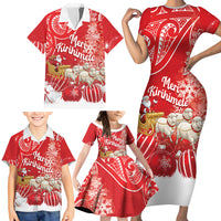 New Zealand Christmas In July Personalised Family Matching Short Sleeve Bodycon Dress and Hawaiian Shirt Funny Santa Sheep Meri Kirihimete Red