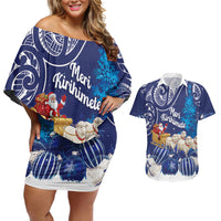 New Zealand Christmas In July Personalised Couples Matching Off Shoulder Short Dress and Hawaiian Shirt Funny Santa Sheep Meri Kirihimete Blue