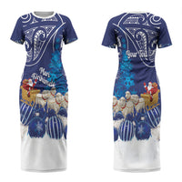 New Zealand Christmas In July Personalised Couples Matching Short Sleeve Bodycon Dress and Hawaiian Shirt Funny Santa Sheep Meri Kirihimete Blue LT14 - Polynesian Pride