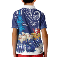 New Zealand Christmas In July Personalised Kid Polo Shirt Funny Santa Sheep Meri Kirihimete Blue